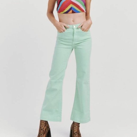 Stoned Immaculate 30 NWT Absinthe Mint Charlotte High Rise Flare Jeans Green - Picture 1 of 11